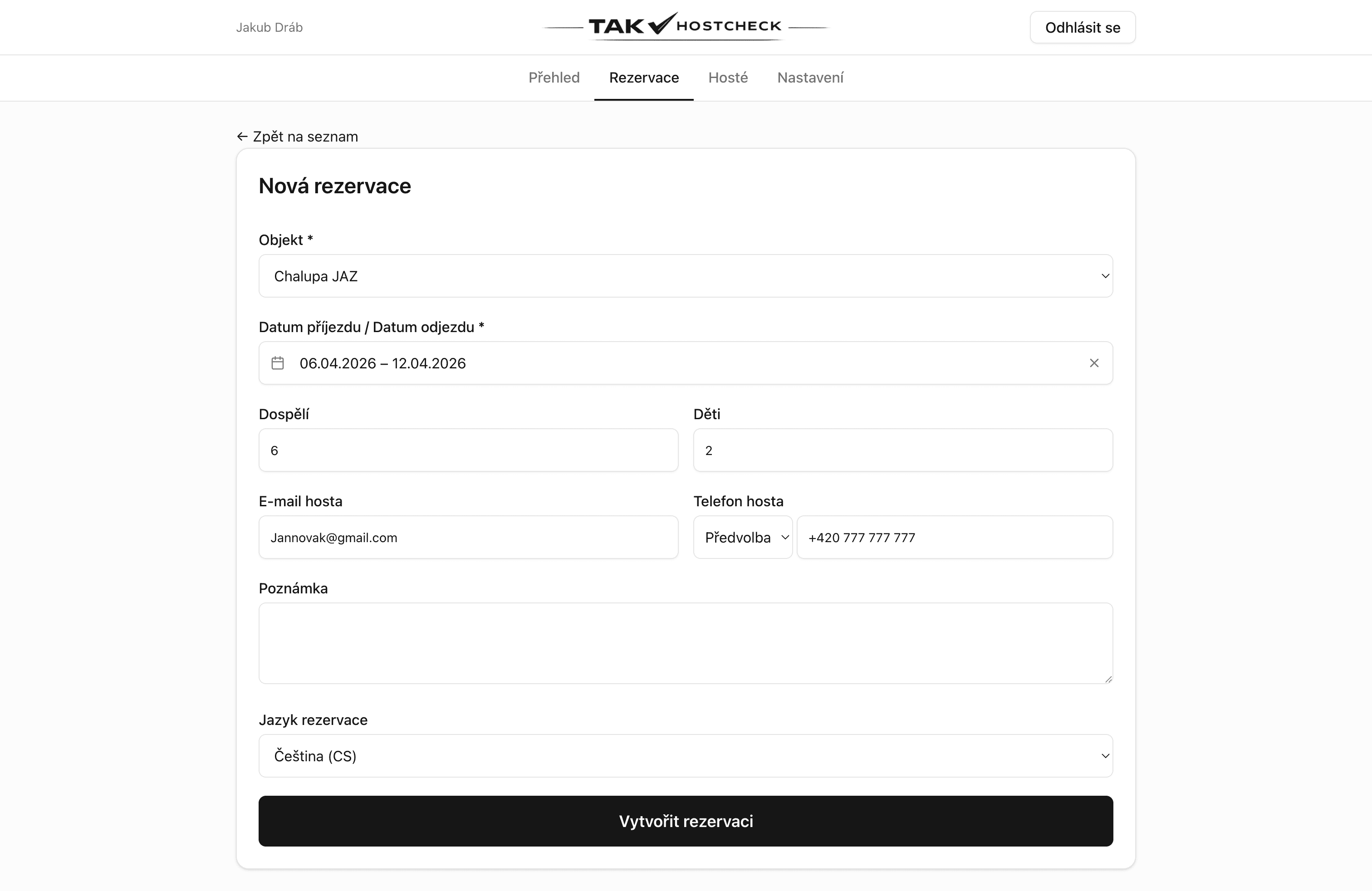 Vytvoření rezervace